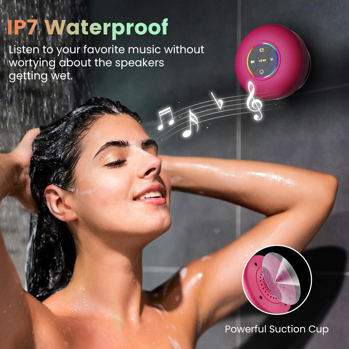FKLBBLPM Large Suction Cup Waterproof Bluetooth Speaker LED Light Light Waterproof Bathroom Bluetooth Speaker (Pink)