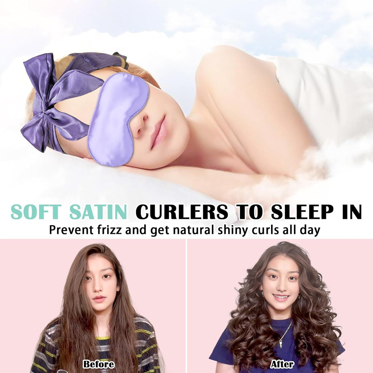Satin Heatless Curls Overnight Hair Curlers to Sleep In Hair Curler Rollers No Heat Hair Wrap for Curls Headband, 70" Satin Heatless Curling Set for Women Long Waves Hair Volume -Purple 10 PCS