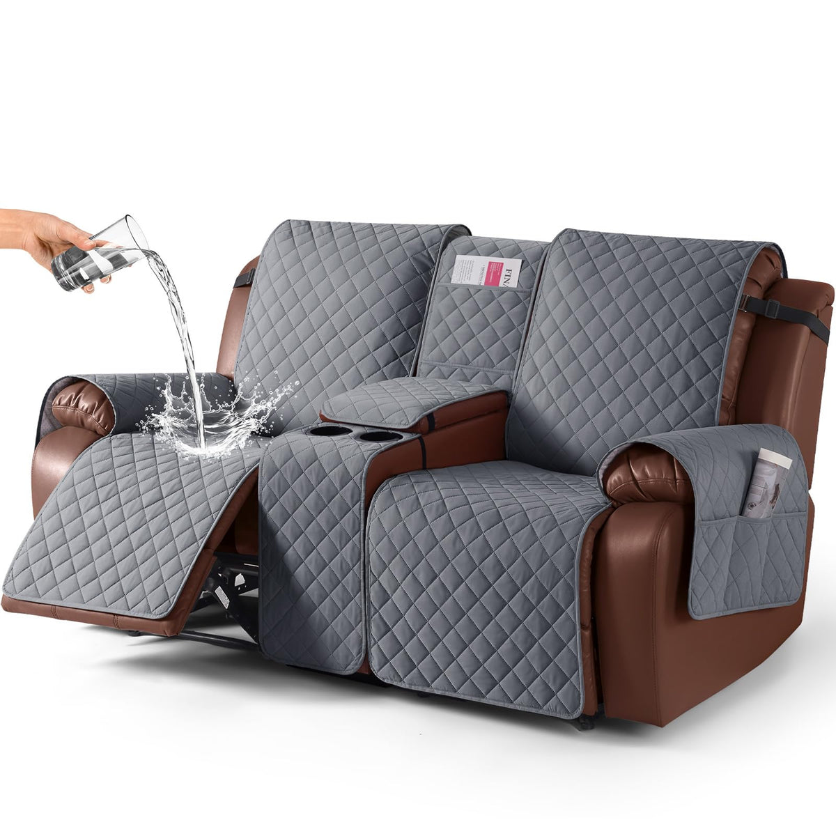KinCam 100% Waterproof Recliner Loveseat Cover with Console, Non-Slip Reclining Couch Covers for 2 Seat, Recliner Sofa Cover Furniture Protector with Elastic Straps for Kids, Pets, Dark Gray