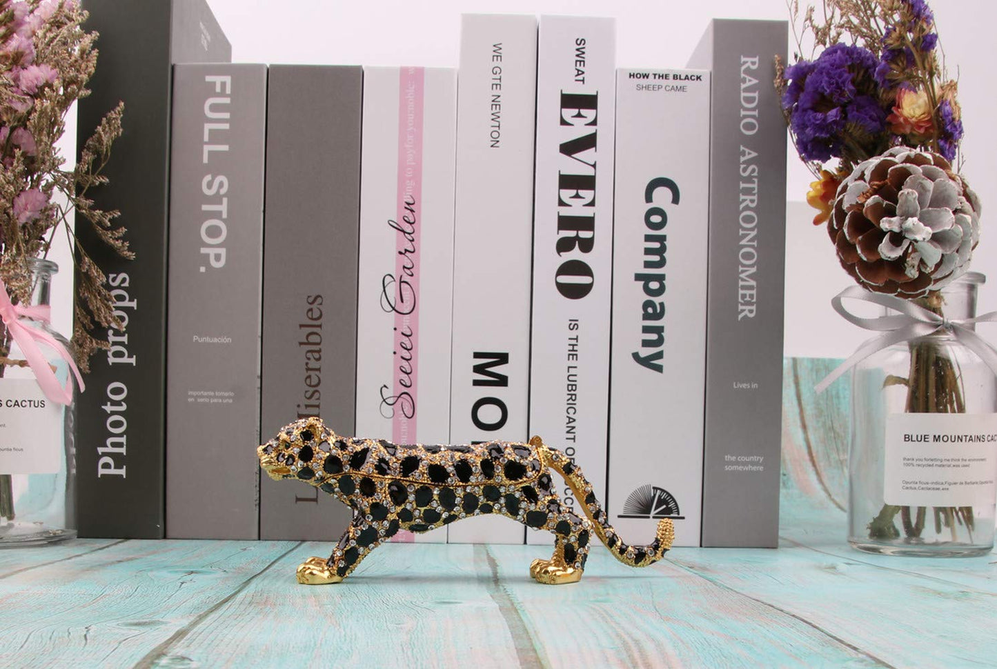 SEVENBEES 24K Golden 5.7in Leopard Jewelry Trinket Boxes Hinged with Crystal Element Design Leopard Figurine Collectible