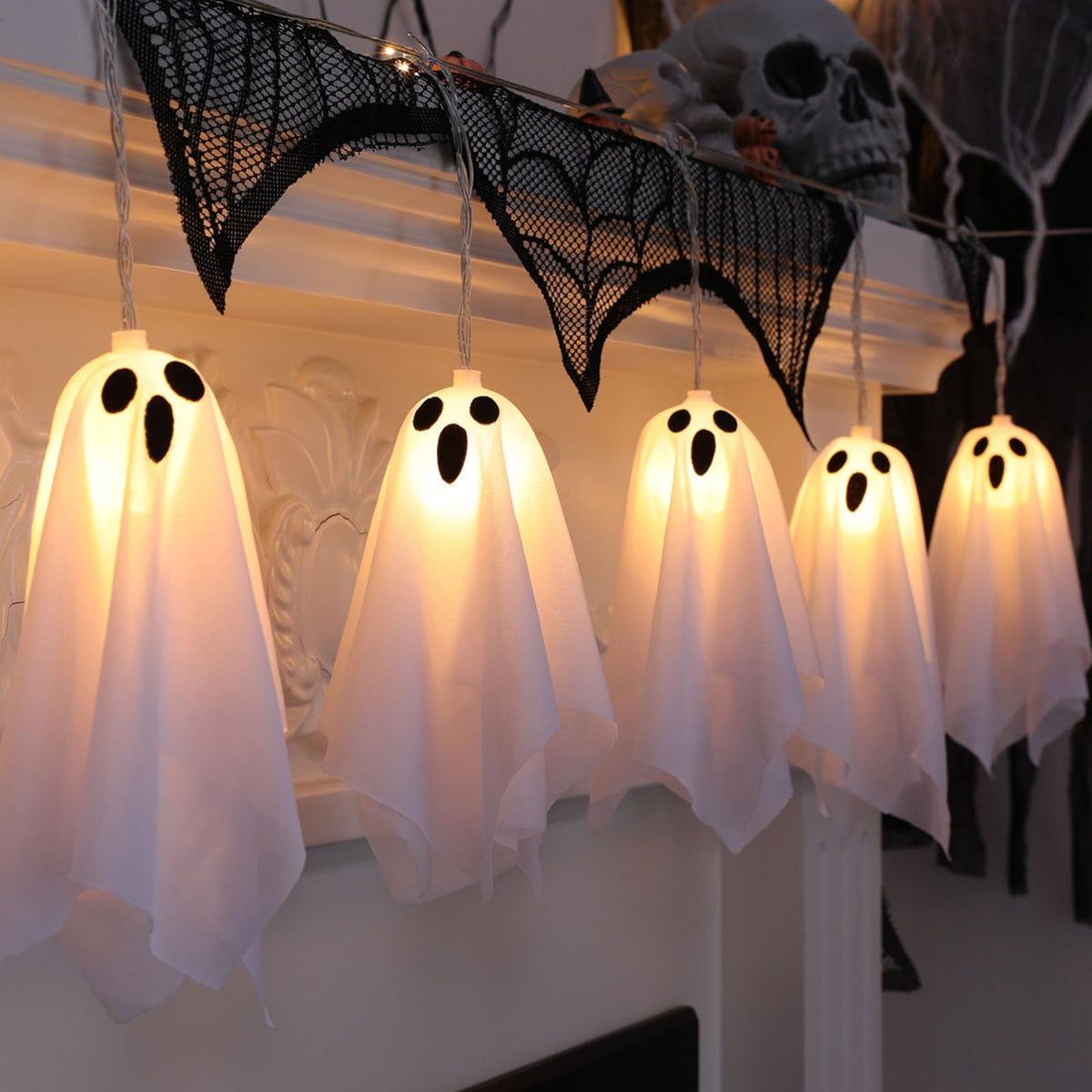 KooluWin 10 LED Ghost Battery Operated Halloween Lights, 8 Modes Ghost Hanging Lights String, Waterprof Spooky Halloween Decorations Indoor Outdoor for Party, Haunted House, Fireplace, Porch (2 Pcs)
