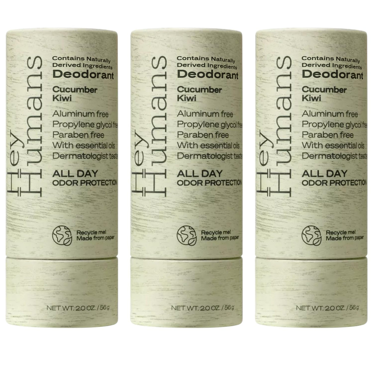 Hey Humans Deodorant, Aluminum Free Deodorant for Women and Men, Contains Naturally Derived Ingredients, All Day Odor Control, Refreshing Essential Oils, Earth Friendly Package, Cucumber Kiwi