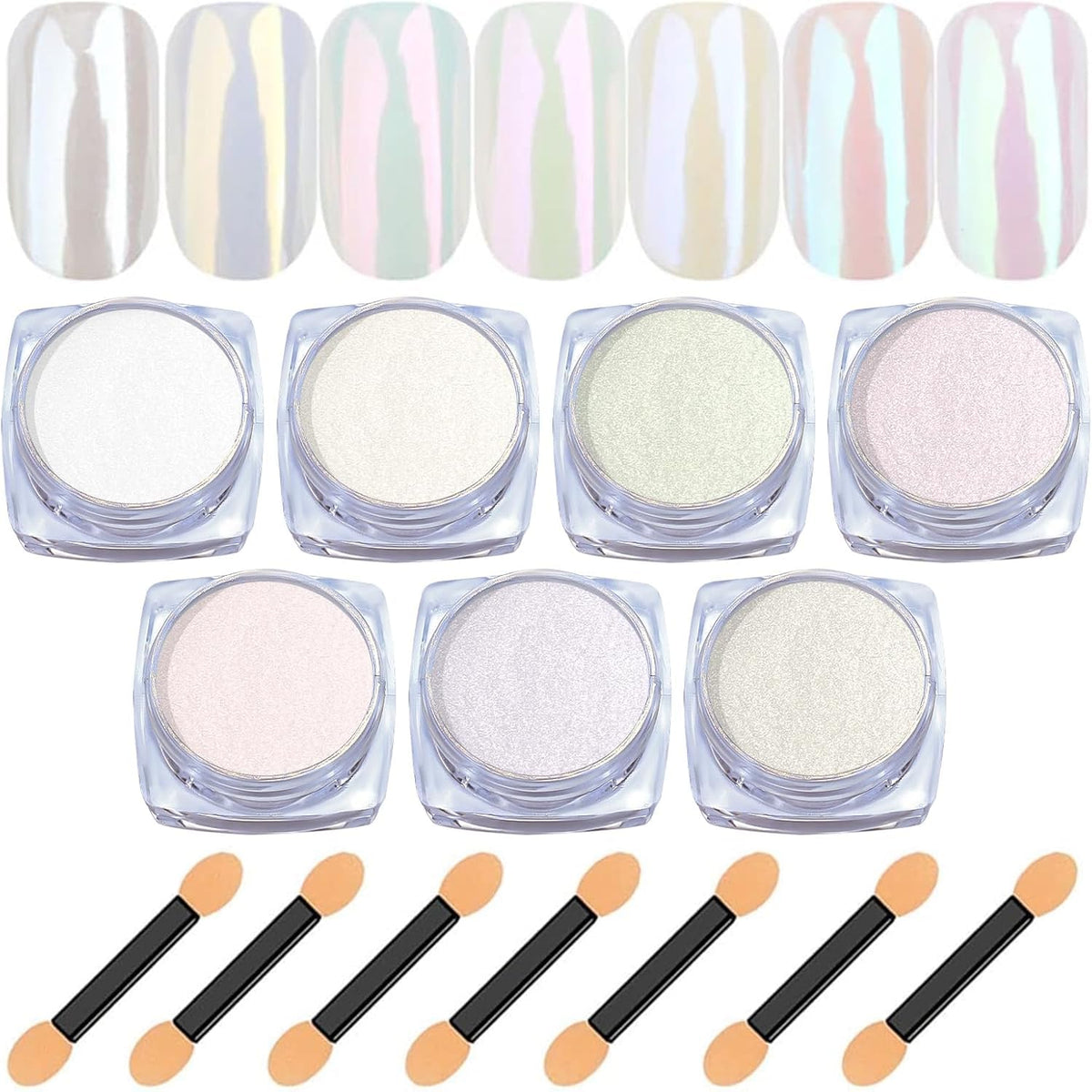 White Pearl Chrome Nail Powder: 7 Colors Iridescent Aurora Chrome Powder Pearl Mirror Effect Glitter Powder Pearlescent Ice Transparent Mermaid Pigment Dust for Nail Art Decoration