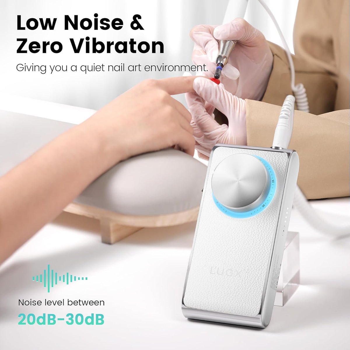 L'UGX Professional Nail Drill 30000RPM, Cordless Rechargeable Electric Nail File for Acrylic Nails Gel Polishing, Efile Nail Kit for Manicure Pedicure, Low Noise Low Vibration, 7Pcs Drill Bits, White