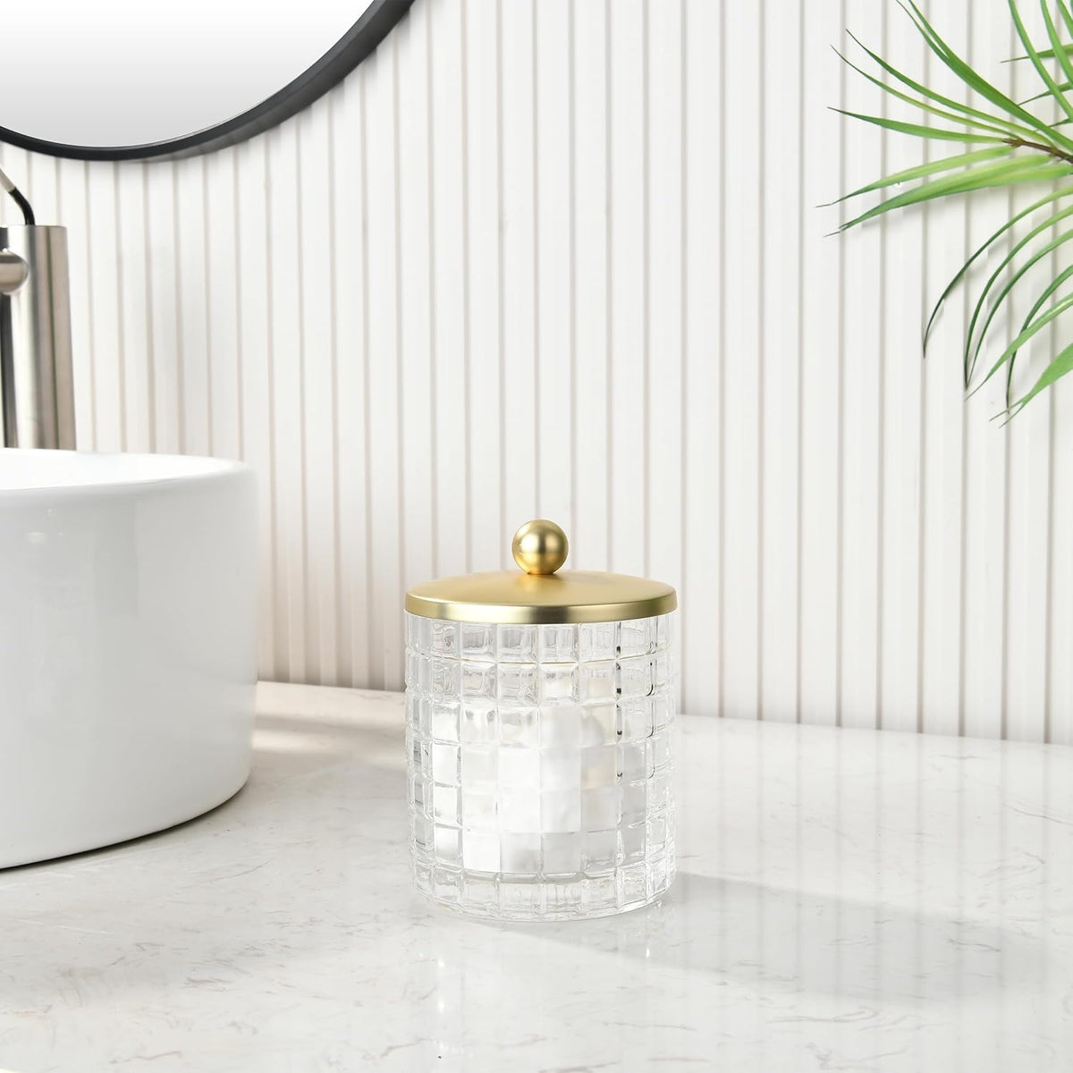 Glass Cotton Jar Holder Matte Gold Lid, Elegant Bathroom Storage Canister for Qtips, Cotton Balls, Floss, Makeup Organizer, Vanity Bathroom Organization