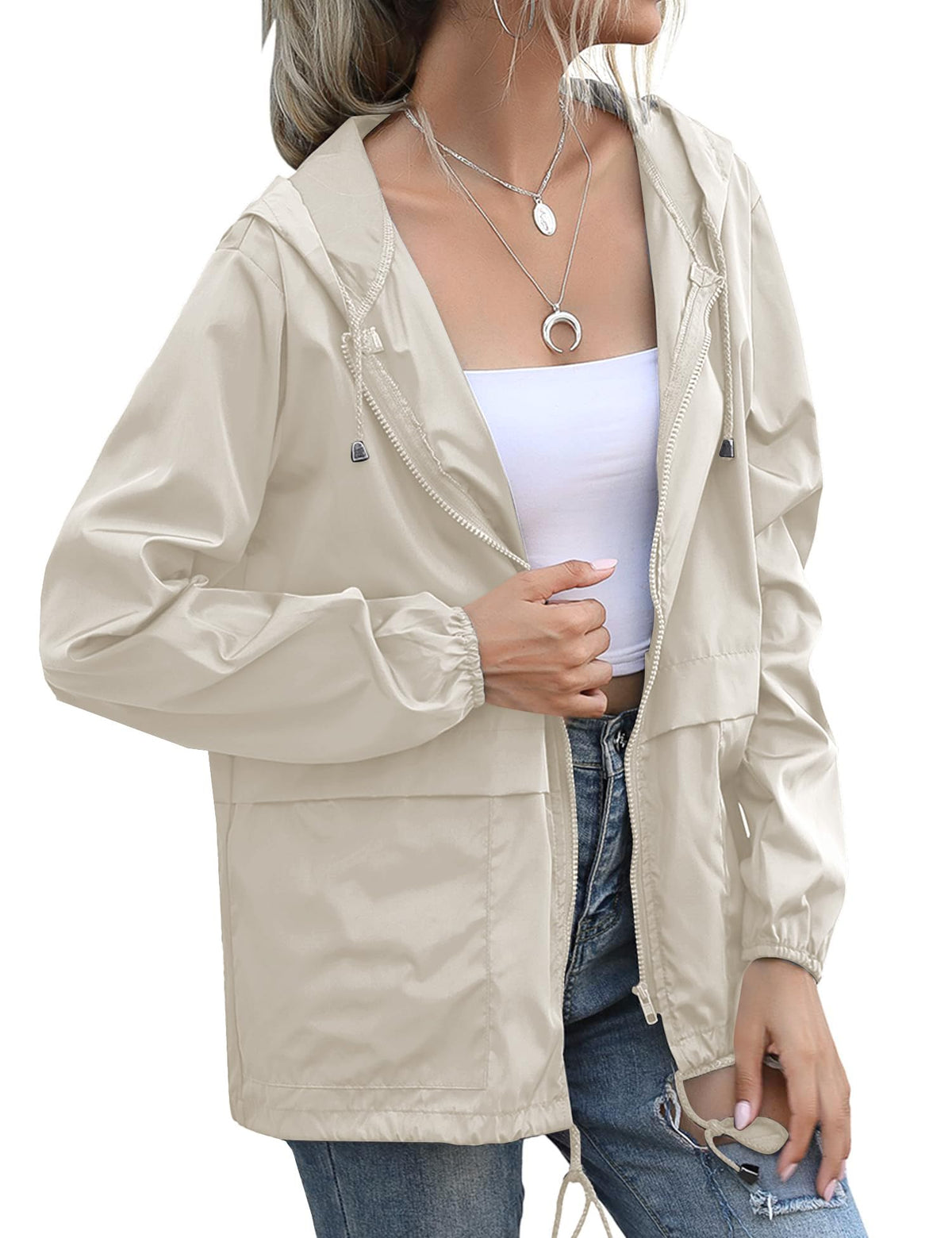 JMinger Packable Rain Jacket Women Lightweight Waterproof Raincoat Packable Hooded Outdoor Windbreaker Beige L