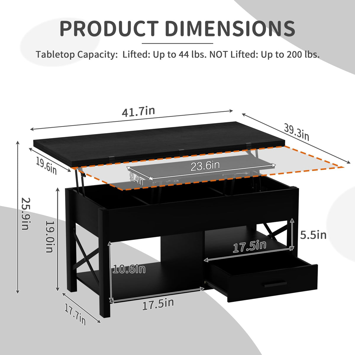 Lift Top Coffee Table with Storage, Black Lift Top Coffee Table with Drawers&Hidden Compartment, Multi-Functional Center Table, Convertible Coffee Tables into Dining Table for Home Living Room Office