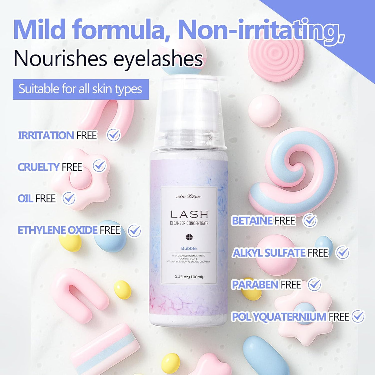 Lash Shampoo Concentrate 100ml Lash Extension Cleanser Oil-Free Eyelash Extension Shampoo with Salon Home Care -Makes 20 Bottles 60ml Eyelash Cleaner,Bubble Gum
