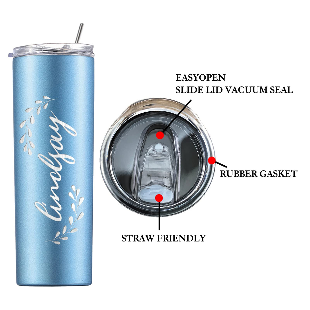 Slocenk Personalized Tumbler with Lid and Straw for Women Custom Stainless Steel Cups with Name Customized Gifts Laser Engraved 20oz