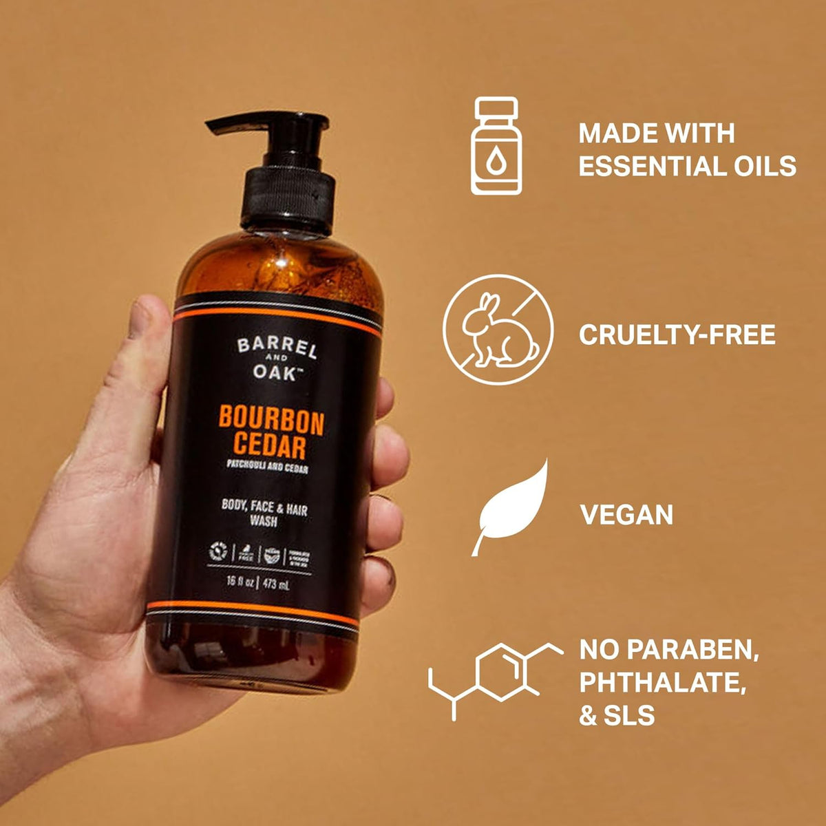 Barrel and Oak - All-In-One Body Wash, Men's Soap for Hair, Face, & Body, Essential Oil-Based Scent, Cedarwood & Bourbon, Vegan (Bourbon Cedar, 16 oz)