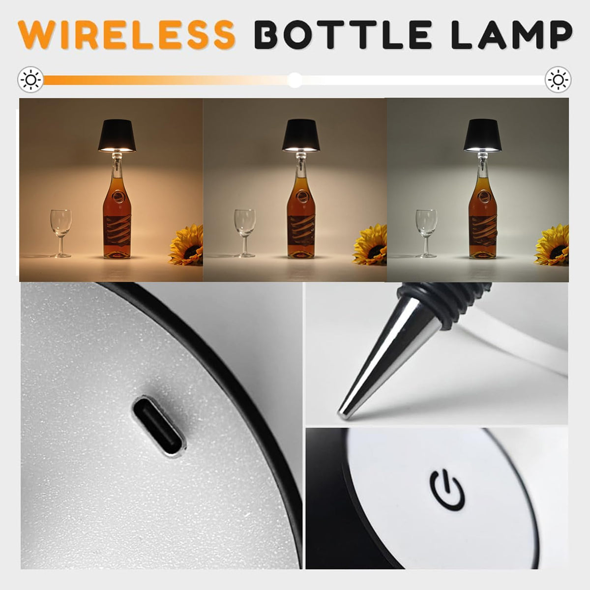 2 PCS Wireless Bottle Lamp, 2024 New LED Wine Bottle Lamp, 3 Color Wireless Bottle Table Lamp,Cute Embed Touch Control Portable Rechargeable Desk Lamp for Living/Bedroom/Restaurant/Bar (White), 1