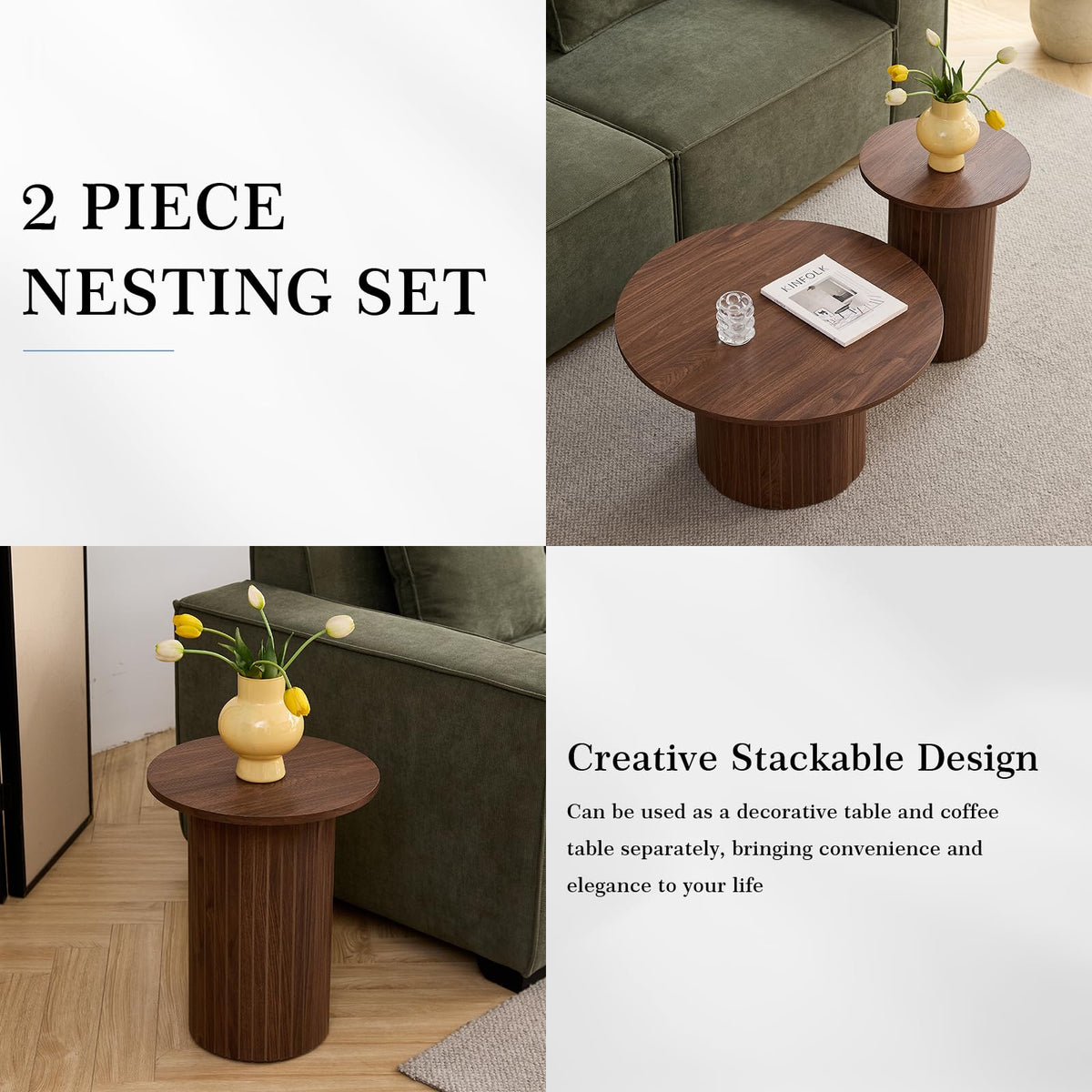 iQunLeo Small Round Coffee Table Set of 2, Wood Finish Nesting Coffee Tables, Boho Circle Side Table for Living Room (φ27.6 Large Short + φ15.8 Small Tall)