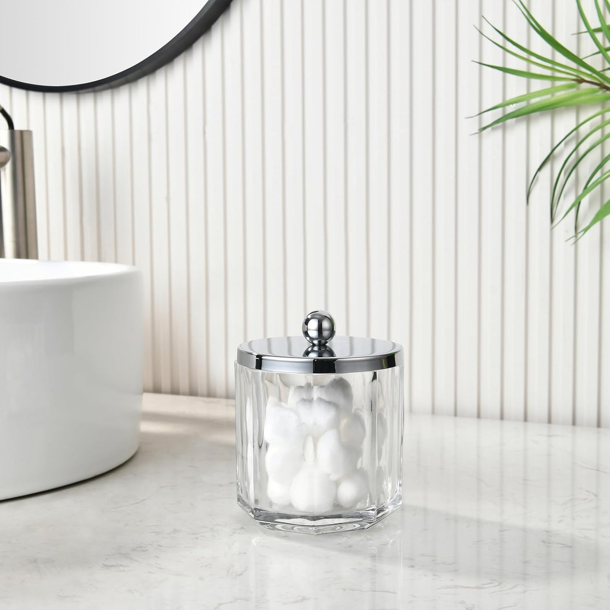 Home Glass Cotton Jar Holder with Lid, Elegant Bathroom Storage Canister for Qtips, Cotton Balls, Floss, Makeup Organizer, Vanity Bathroom Organization