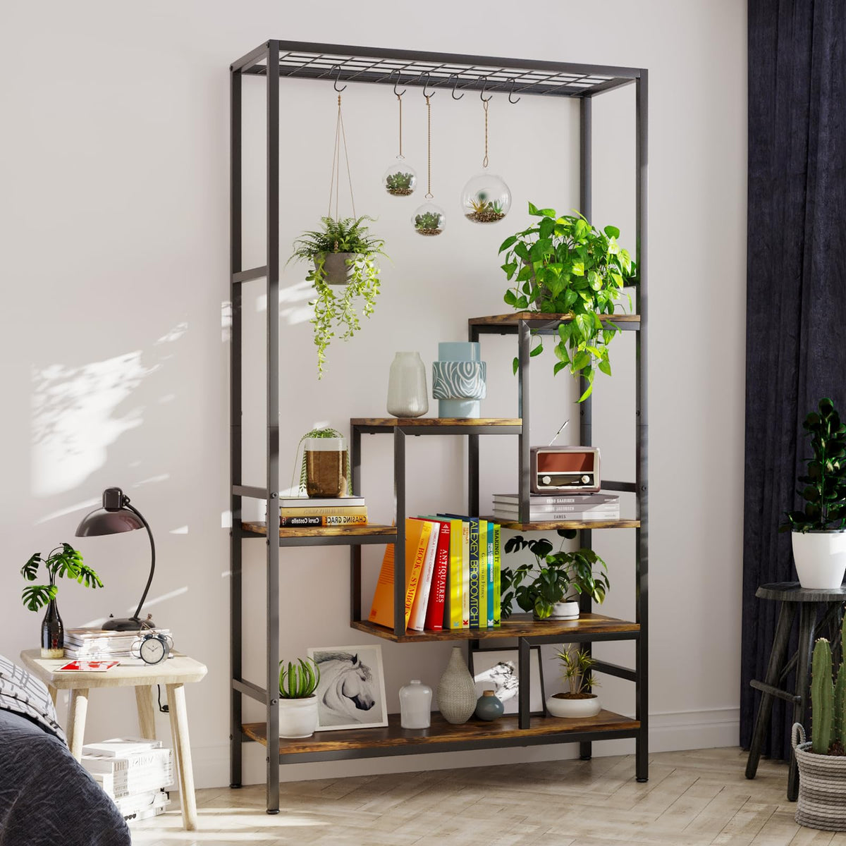 YIZAIJIA Plant Stand Indoor Tall Plant Shelf for Multiple Plants Pots Metal Flower Stand Large Flower Holder for Living Room, Patio, Balcony, Garden Decor, Black (5 Tier Trapezoid-Black)