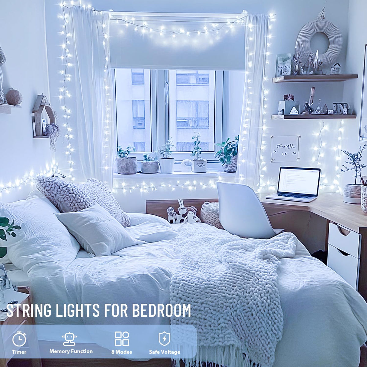 JMEXSUSS 2 Pack 100 LED White Christmas Lights Indoor, 33ft 8 Modes White String Lights Indoor Outdoor Connectable, Clear Wire Christmas String Lights for Bedroom Tree Xmas House Party Decorations