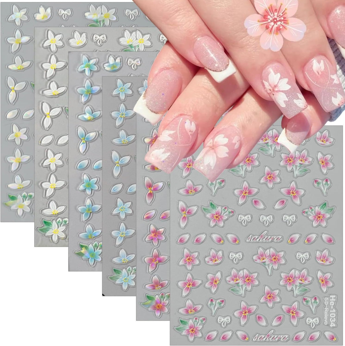 Flower Nail Art Stickers Decals Spring Relief Lily Floral Nail Decals Pink White Blue Self-Adhesive Design Flowers Nails Stickers 5D Embossed Nail Art Supplies for Women Girls Summer Nail Decorations