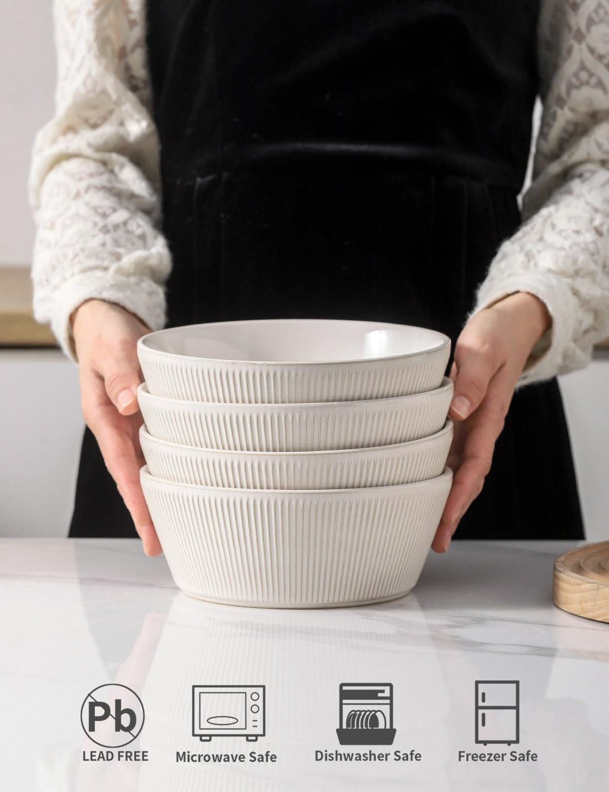 UBEE Large Soup Bowls Set of 4, 7.3 inch White Salad Bowls, Ceramic Serving Bowls for Ramen, Pasta, Fruit, Cereal, Fruit, Dinner, Dishwasher and Microwave Safe