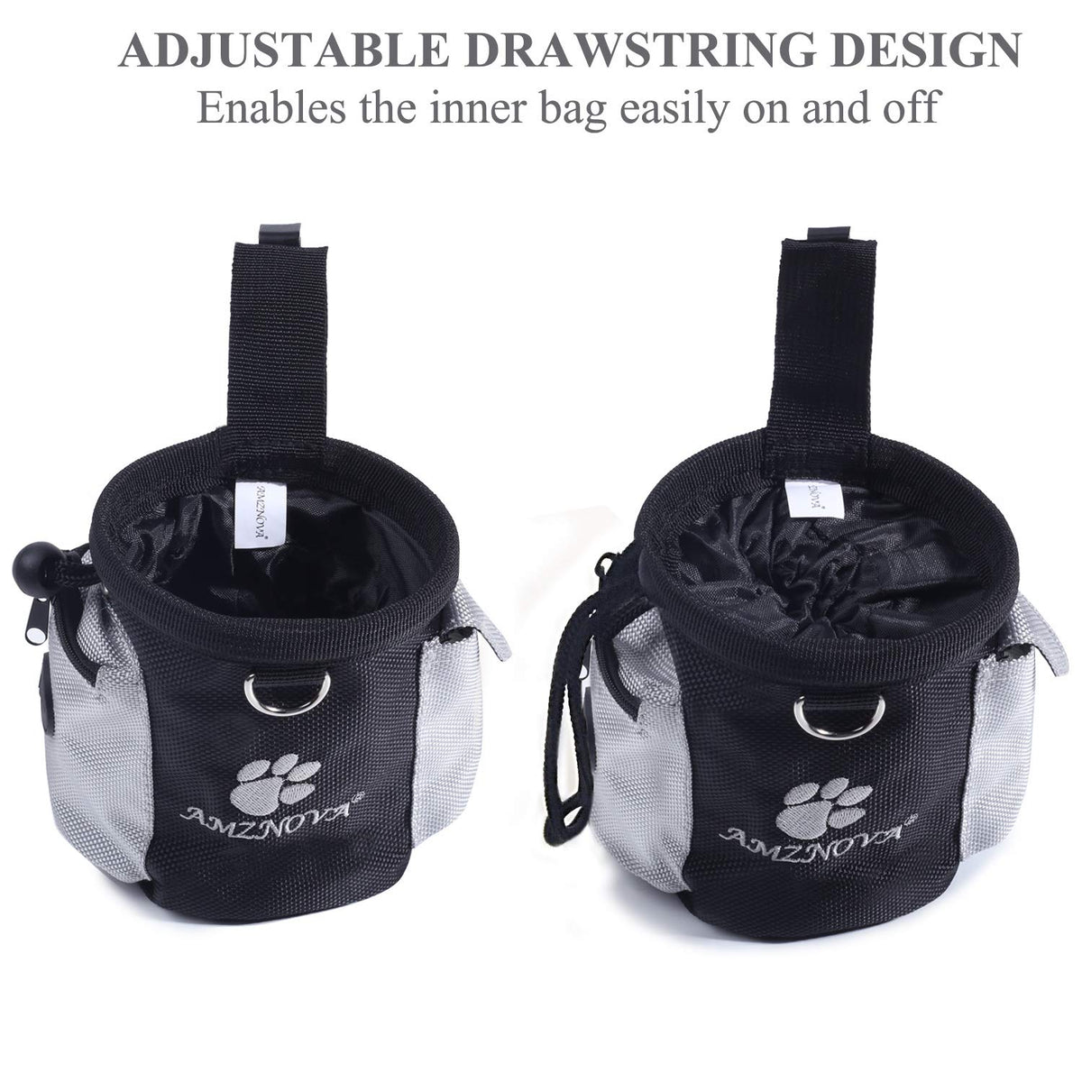 AMZNOVA Dog Treat Bag, Puppy Training Pouch, 3 Cups Animal Walking Snack Container Best Hiking Toys Pack Dispenser Carries with Waistband, Black