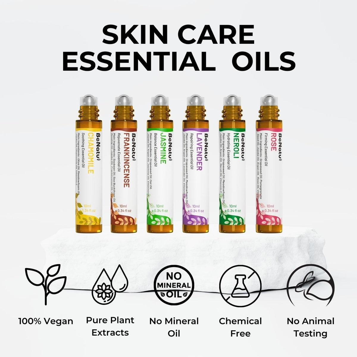 benatu 6-Pack Facial Essential Oils - Skin Care Set, 100% Pure Plant Extraction, Safe for Sensitive Skin, Non-Sticky, Easy to Absorb, Cruelty-Free, Vegan, No Mineral Oil, Parabens