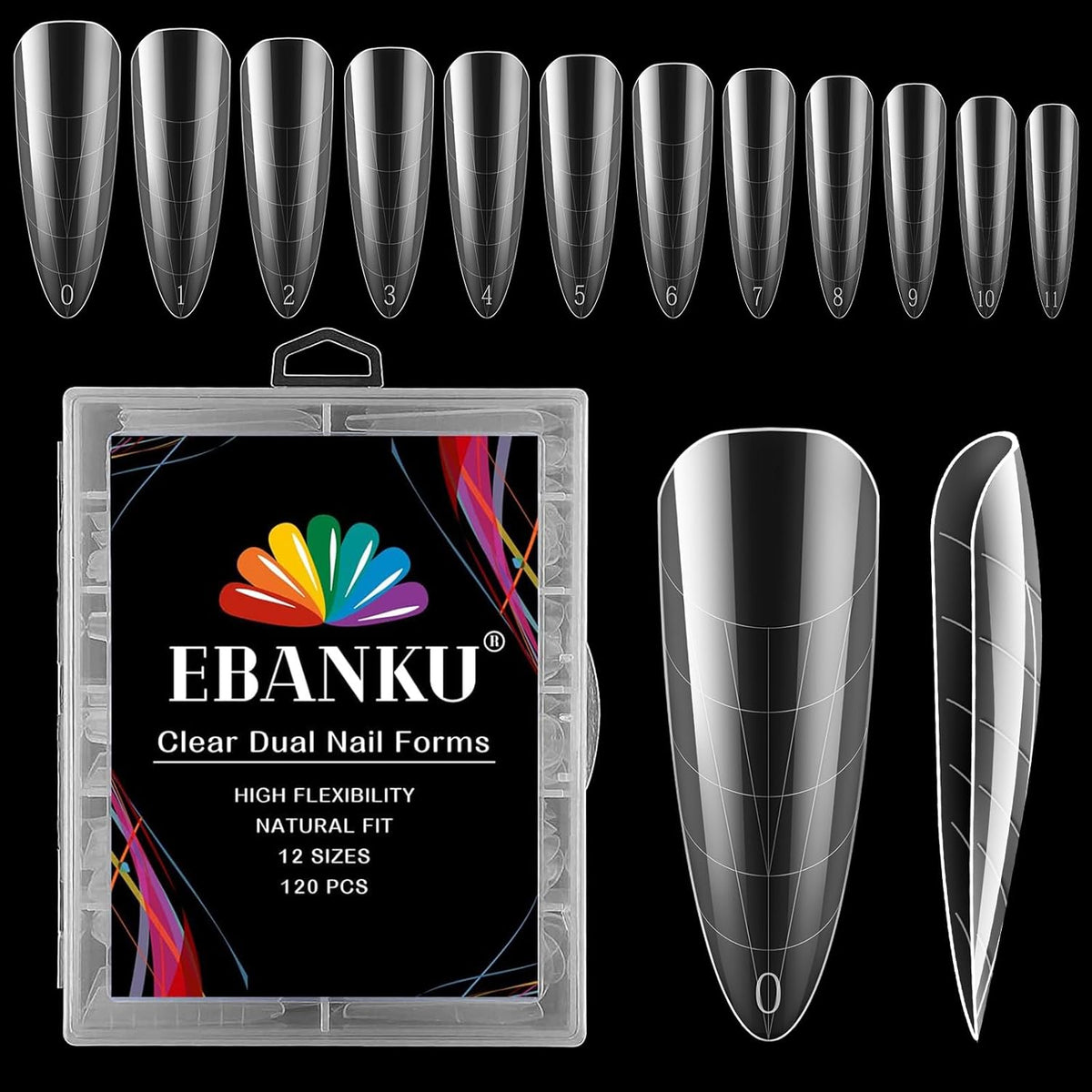 Nail Dual Forms for Poly Nail Gel EBANKU 120Pcs Stiletto Extension Gel Nail Molds Clear Acrylic Nail Tips, Full Cover Reusable Nail Forms for Builder Nail Gel Nail Art Design Salon&DIY