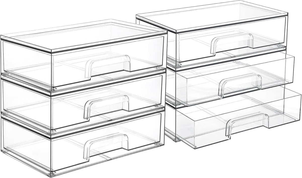 Vtopmart 12.1''W Clear Stackable Storage Drawers,6 Pack Acrylic Plastic Organizers Bins for Makeup Palettes, Cosmetics, and Beauty Supplies,Ideal for Vanity, Bathroom,Cabinet,Desk Organization