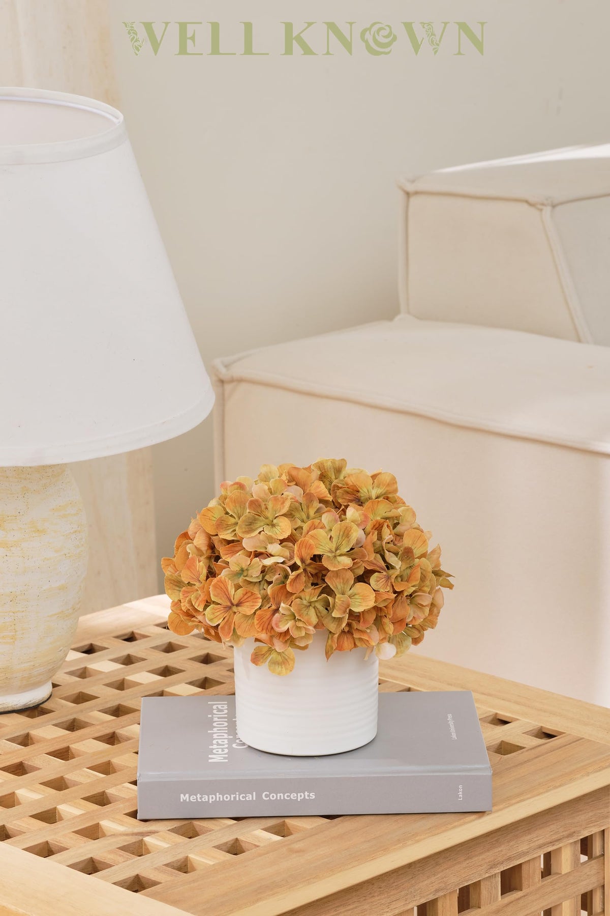 Hydrangea Fake Flowers in Vase, Artificial Flowers with Ceramic Vase Small Faux Potted Floral Arrangements for Bathroom Home Desk Kitchen Counter Vanity Shelf Coffee Table Centerpiece Decor (Orange)