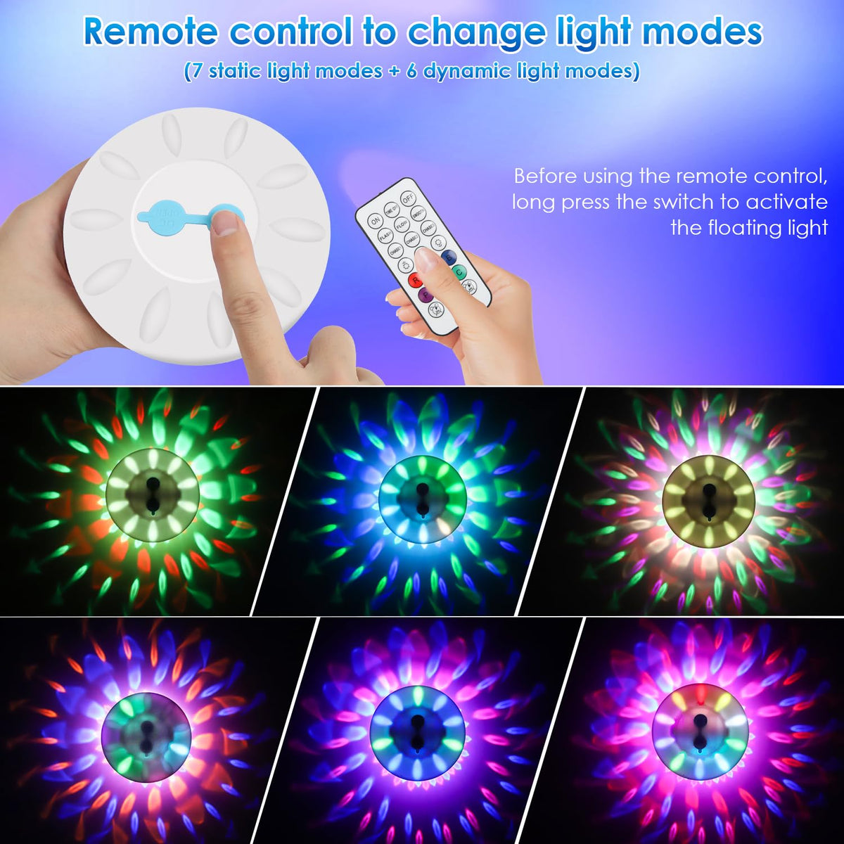 QOLNBY Floating Pool Lights, Pool Light with 6 Dynamic Lighting Effects, IP68 Waterproof Pool Lights That Float, Rechargeable RGB Upper and Lower Color Changing Lights for Hot Tub, Patio 4 Pack