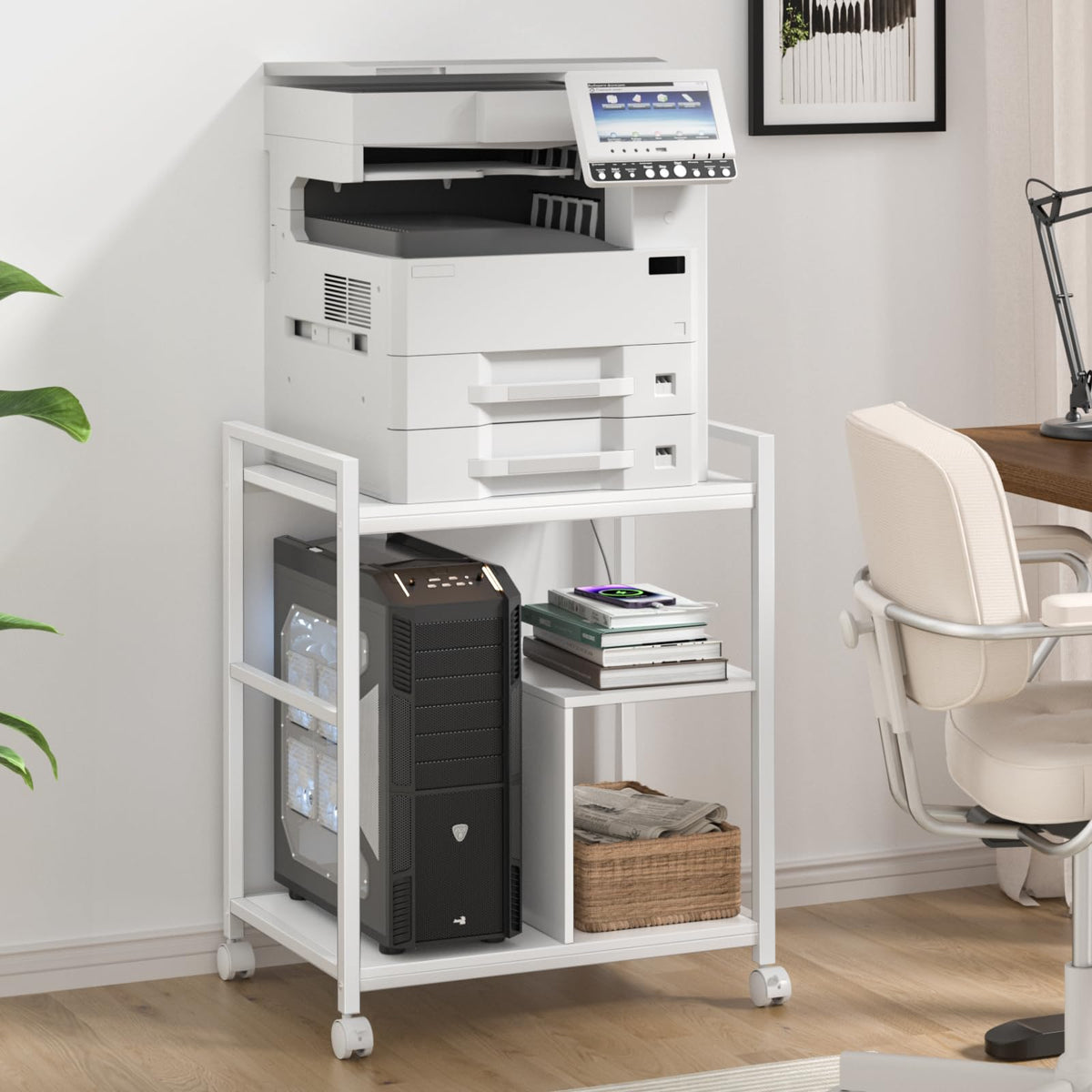 Lerliuo Printer Stand with Charging Station and USB Ports, Large 3-Tier Mobile Printer Table with Storage Shelf, White Rolling Industrial Printer Cart with Lockable Wheels for Home Office