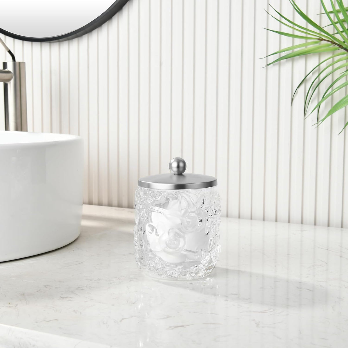 Home Glass Cotton Jar Holder Nickel Lid, Elegant Bathroom Storage Canister for Qtips, Cotton Balls, Floss, Makeup Organizer, Vanity Bathroom Organization (UPDATED NICKEL)