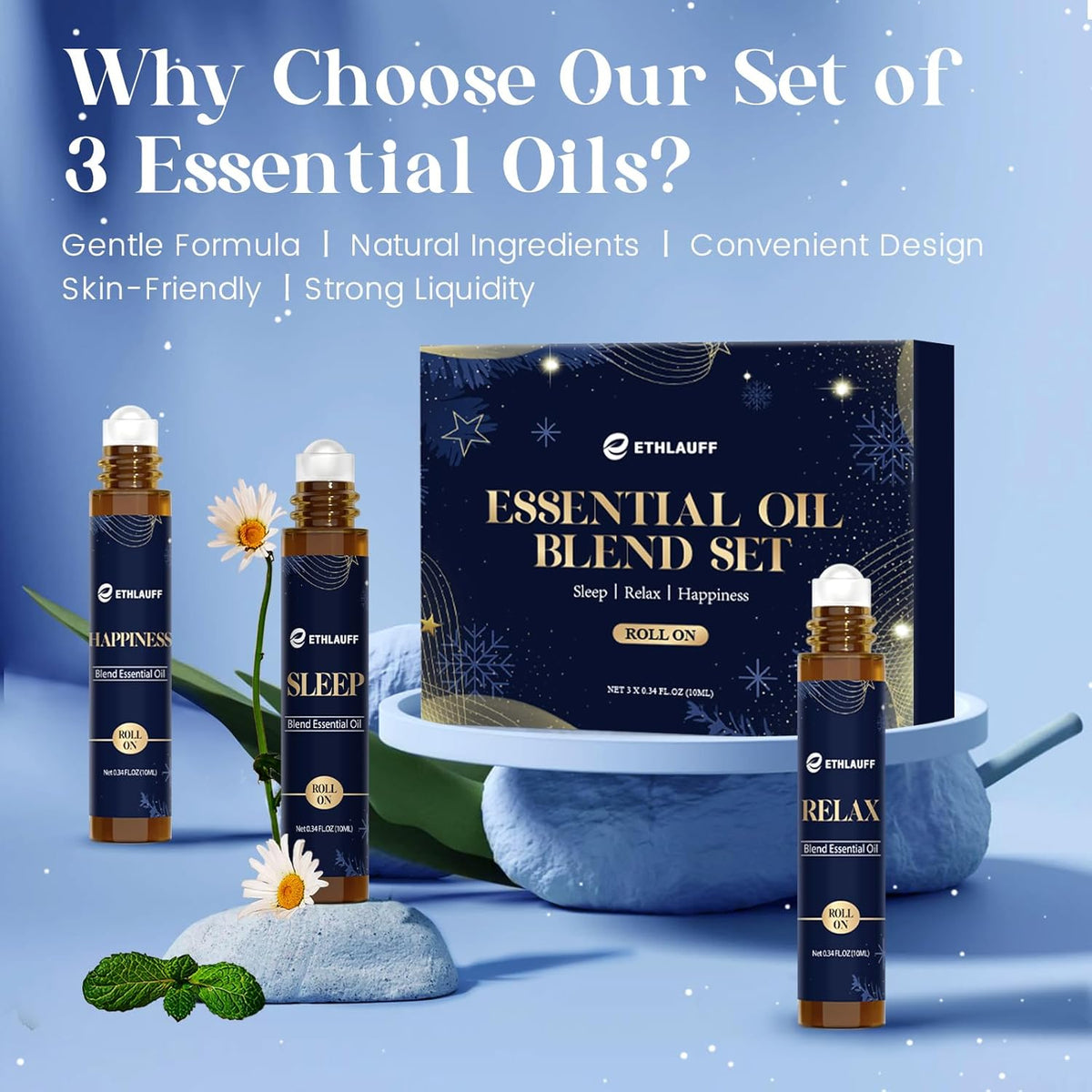 Essential Oil Roller Set, (Sleep, Relax, Happiness) Aromatherapy Roll On for Body Skin Care, Home - Natural Aromatherapy Gift, Relaxtion Gift, Stress Relief Gift for Women and Men