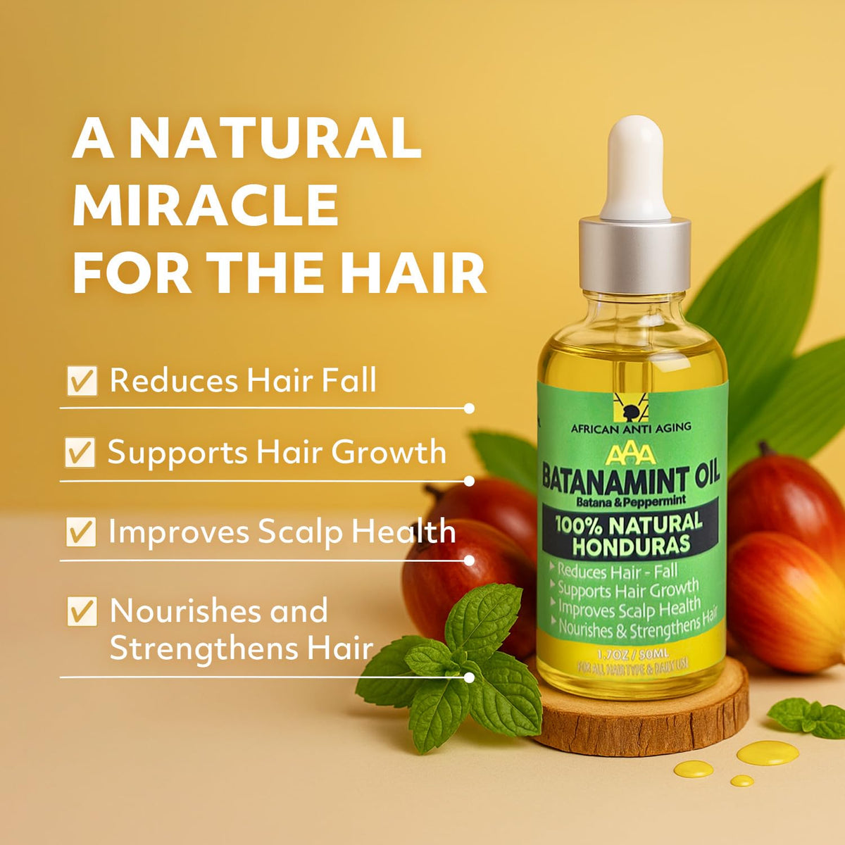 AAA (African Anti-Aging) 100% Natural Honduras Batana Oil – Supports Hair Growth, Repairs Damaged Hair, Moisturizes Dry Scalp & Skin – Made in USA 1.7 fl oz – For All Hair&Skin Types