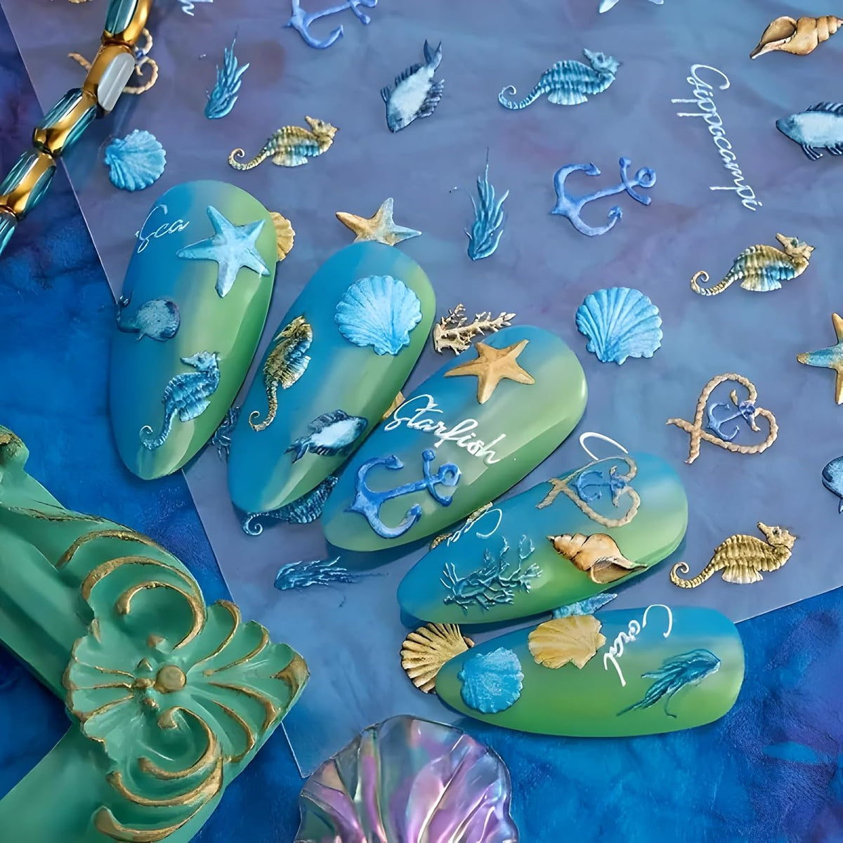 Summer Nail Art Stickers Decals 5D Embossed Self Adhesive Blue Seashell Starfish Nail Stickers Ocean Nail Decals for Nail Art Marine Life Nail Design Decoration Accessories for Women 2 Sheets