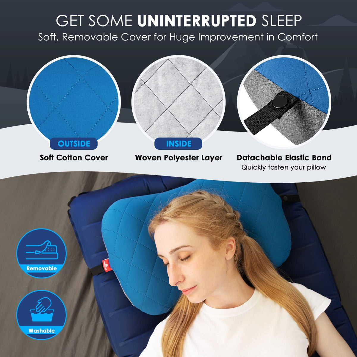 Hikenture Ultralight Inflatable Washable Pillow with Removable Cover for Neck Lumber Support - Upgrade Backpacking Pillow for Camping, Travel, Hiking, Backpacking (Blue)
