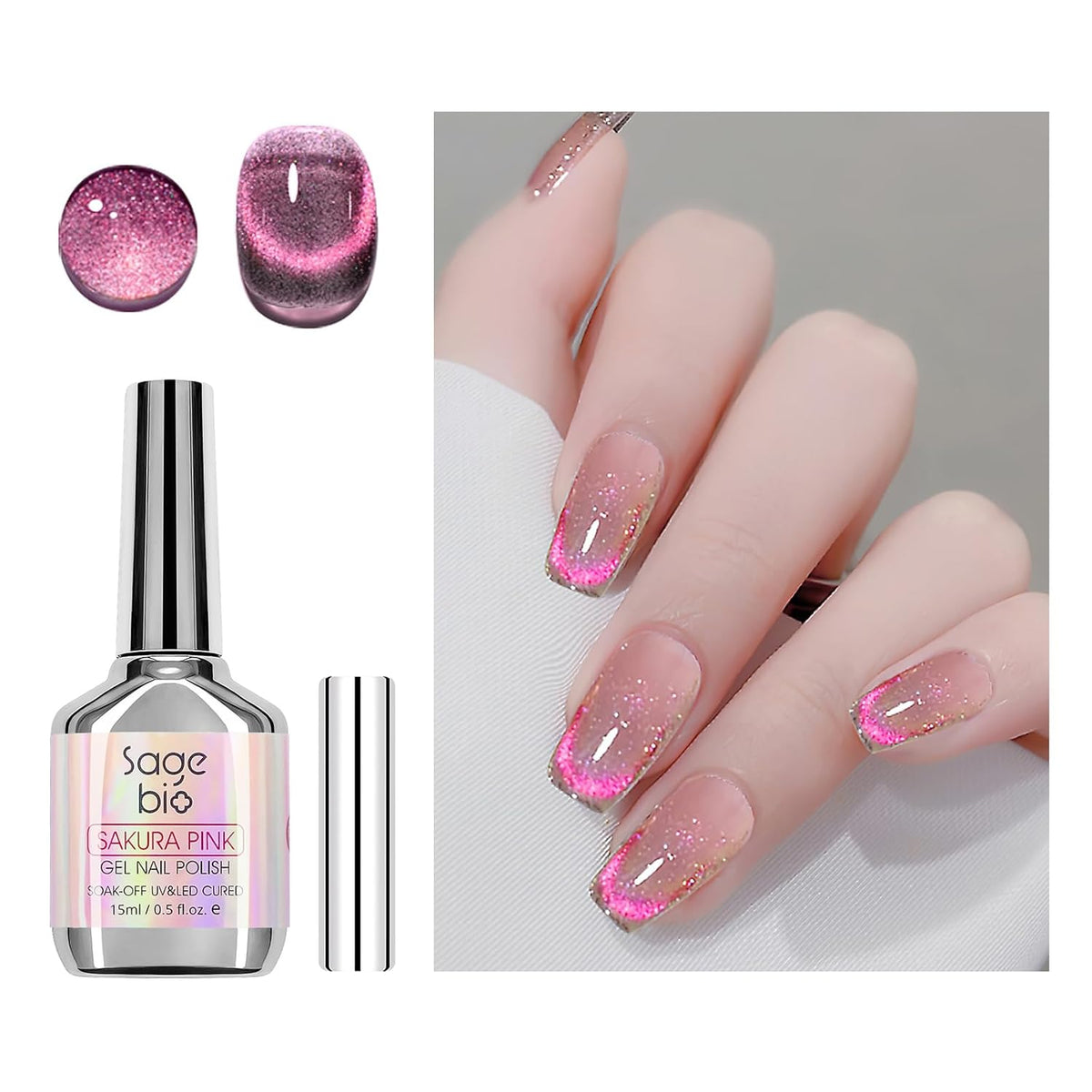 Cat Eye Gel Nail Polish with Magnet Stick, 15ml Glitter Holographic Nail Polish, Magnetic Effect Gel for Home DIY Manicure Gift, Exotic Berry