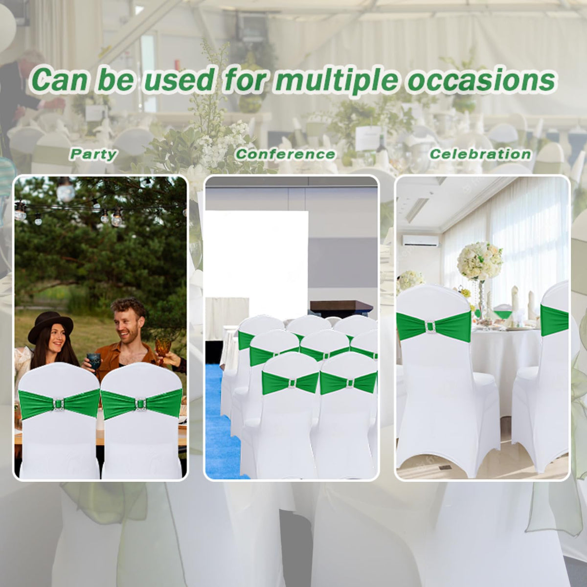 Joccun 60 PCS Spandex Chair Sashes Bows Stretch Chair Cover Band with Buckle Slider Universal Elastic Chair Ties for Wedding Banquet Party Event Decoration (EmeraId)