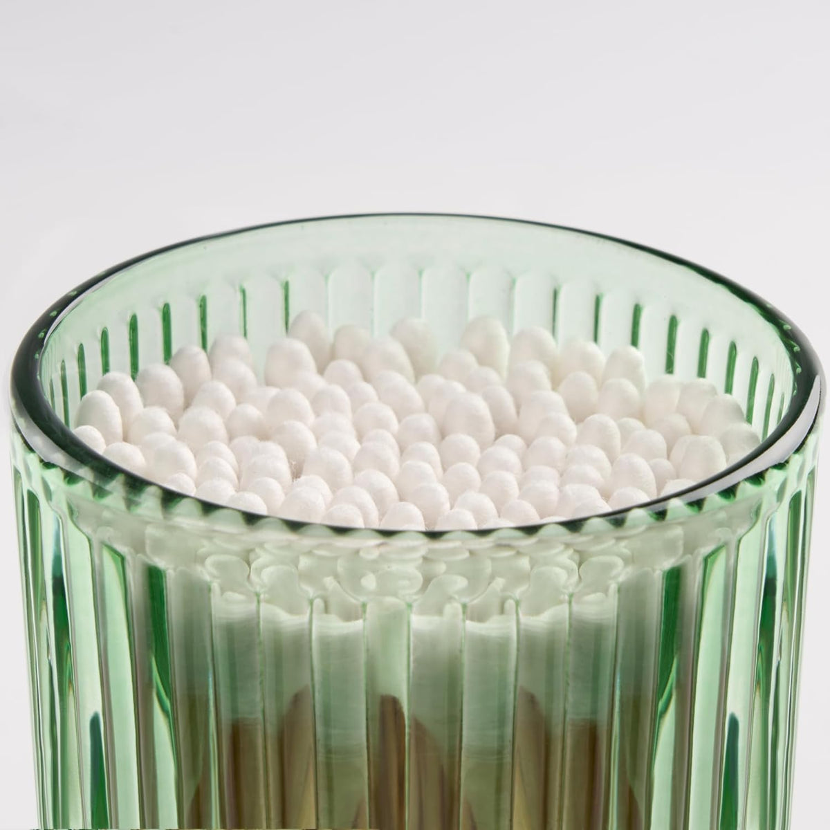 2 Pack Qtip Holders for Bathroom, Clear Glass Apothecary Jars with Lids,Vintage Bathroom Canisters for Cotton Balls,Swabs,Floss Picks,Hair Ties,Vanity Organizer and Storage Decor (Green)