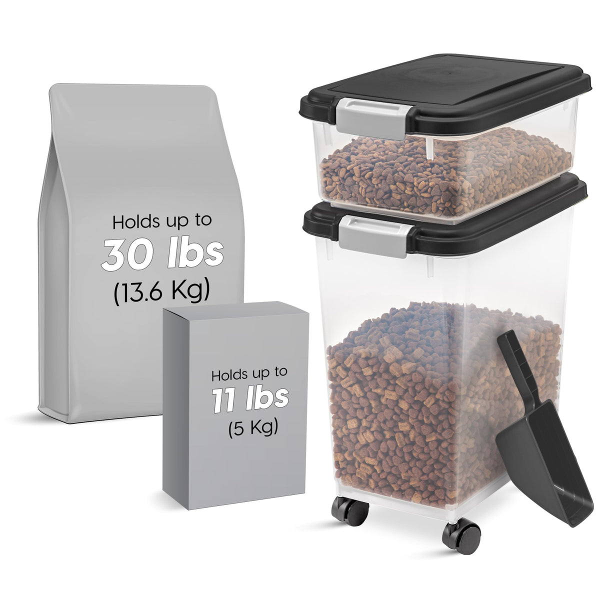 IRIS USA Dog Food Storage Container, 30 lbs & 11 lbs Combo, Cat Food Storage Container, Dog Treat Container, Airtight, Stackable, 2-Cup Scoop, Wheels, Easy Mobility, Black
