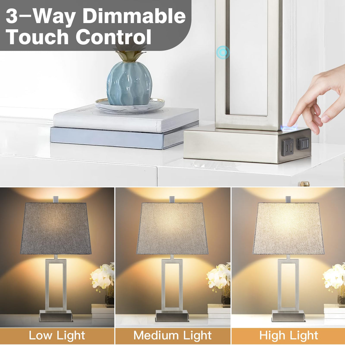 Rinweey Touch Control Table Lamps Set of 2, Modern Silver Bedside Lamps with USB A+C Ports & AC Outlet, 3 Way Dimmable Contemporary Nightstand Lamps for Bedroom Living Room(LED Bulb Included)