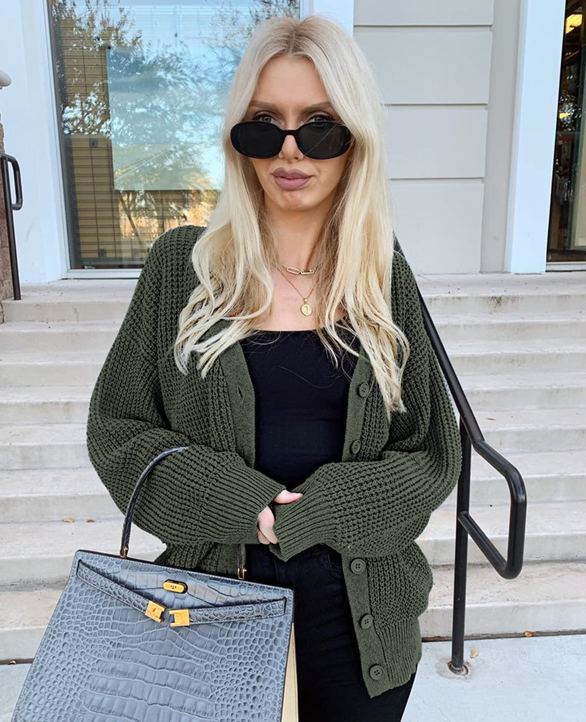 QUALFORT Cardigan Sweaters for Women 100% Cotton Button-Down Long Sleeve Oversized Knit Coatigan Jackets Green Large