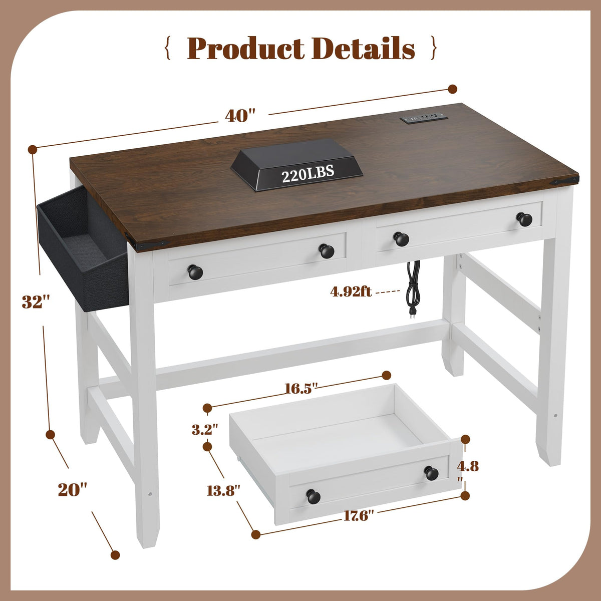 EnHomee 40" Small Desk for Bedroom, Computer Desk with Power Outlets for Home Office, Desks with Drawers and a Side Pocket, Brown+White