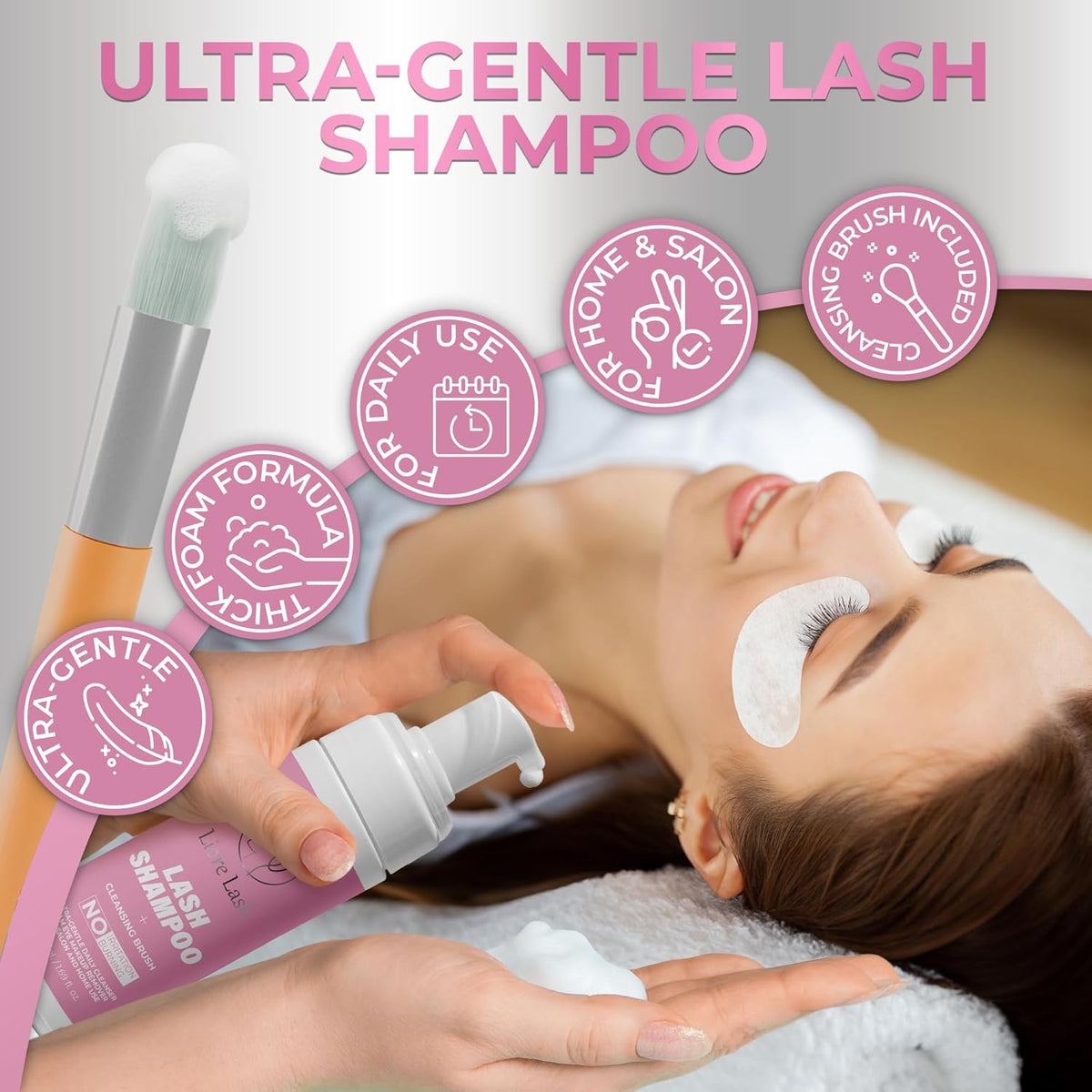 Eyelash Extension Shampoo/ Gentle Foam Cleanser for Lash Extensions & Natural Lashes (Shampoo + Lash Brush)