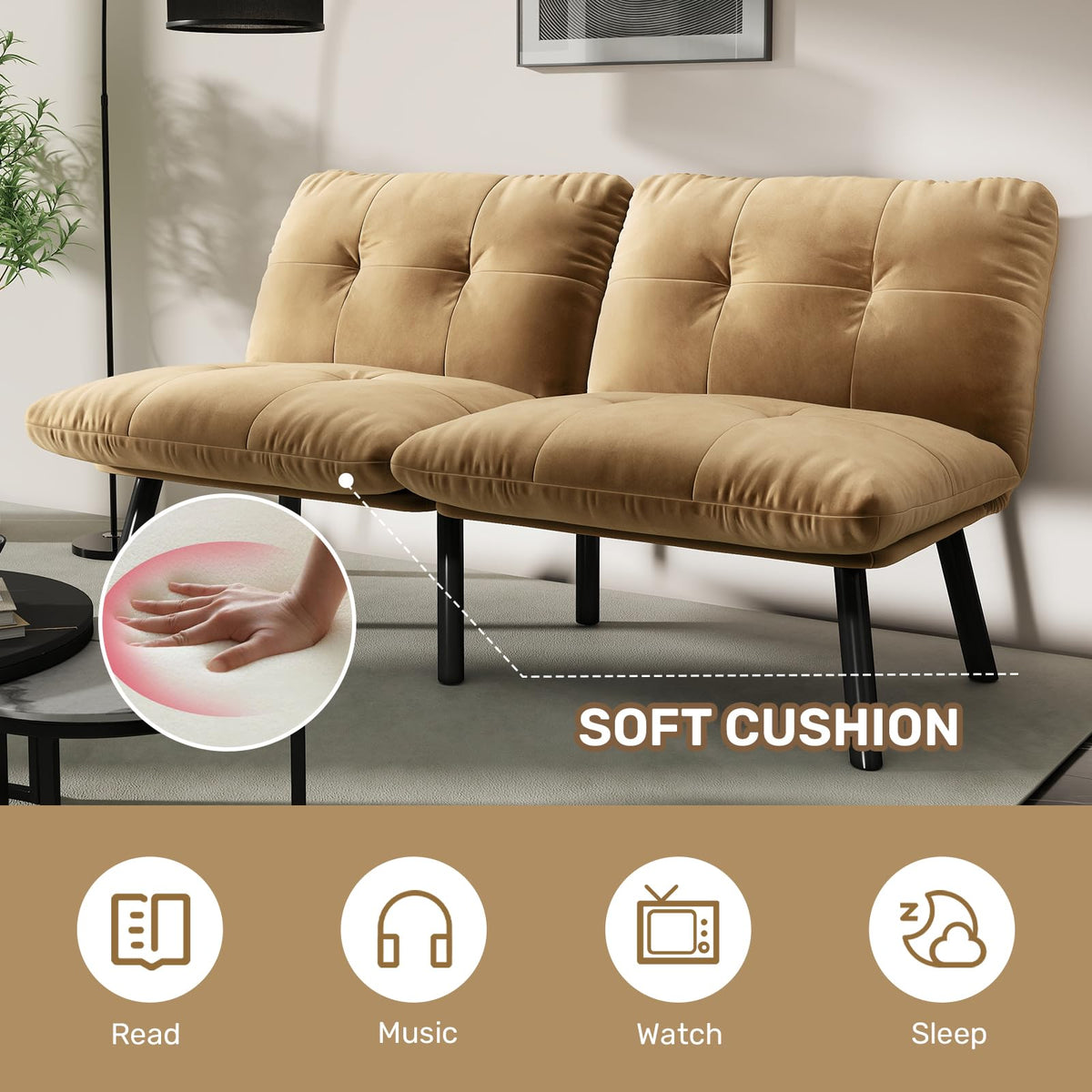 homeokay Futon Sofa Sleeper Couch Bed with Adjustable Backrest Thick Cushion Velvet Fabric for Department Living Room Lounge Sofa Loveseat (Brown)