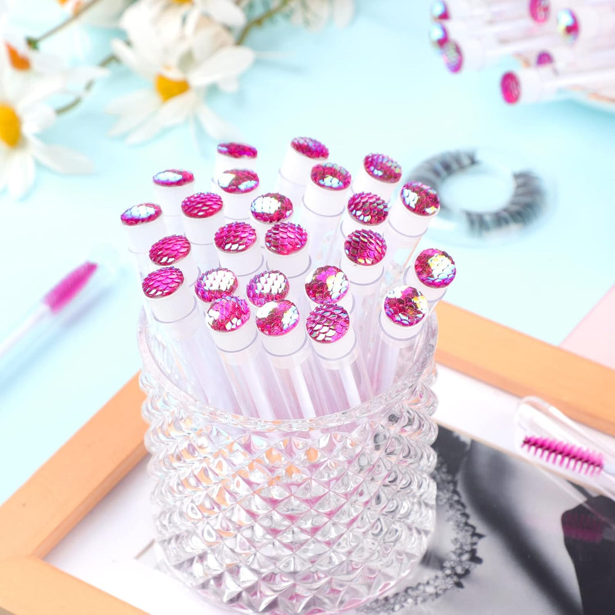50 Piece Disposable Mascara Brushes Eyelash Extension Brush Diamond Mascara Wands with Tube Spoolies Lash Brush Makeup Tool Lash Extension Supplies (Scale D Pink 50)