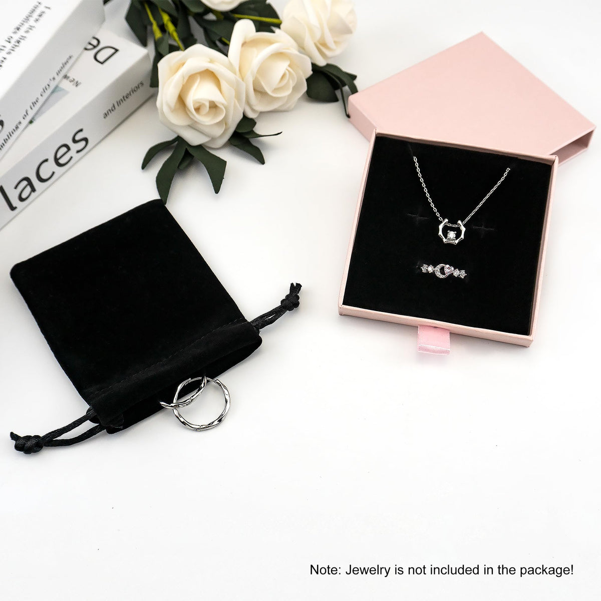 Quacc Small Jewelry Gift Box and Velvet Bag, Necklace Bracelet Earring Cardboard Organizer Square Jewellery Gift Box Pendent Storage Case for Birthday Xmas Christmas Wrapping (Pink)