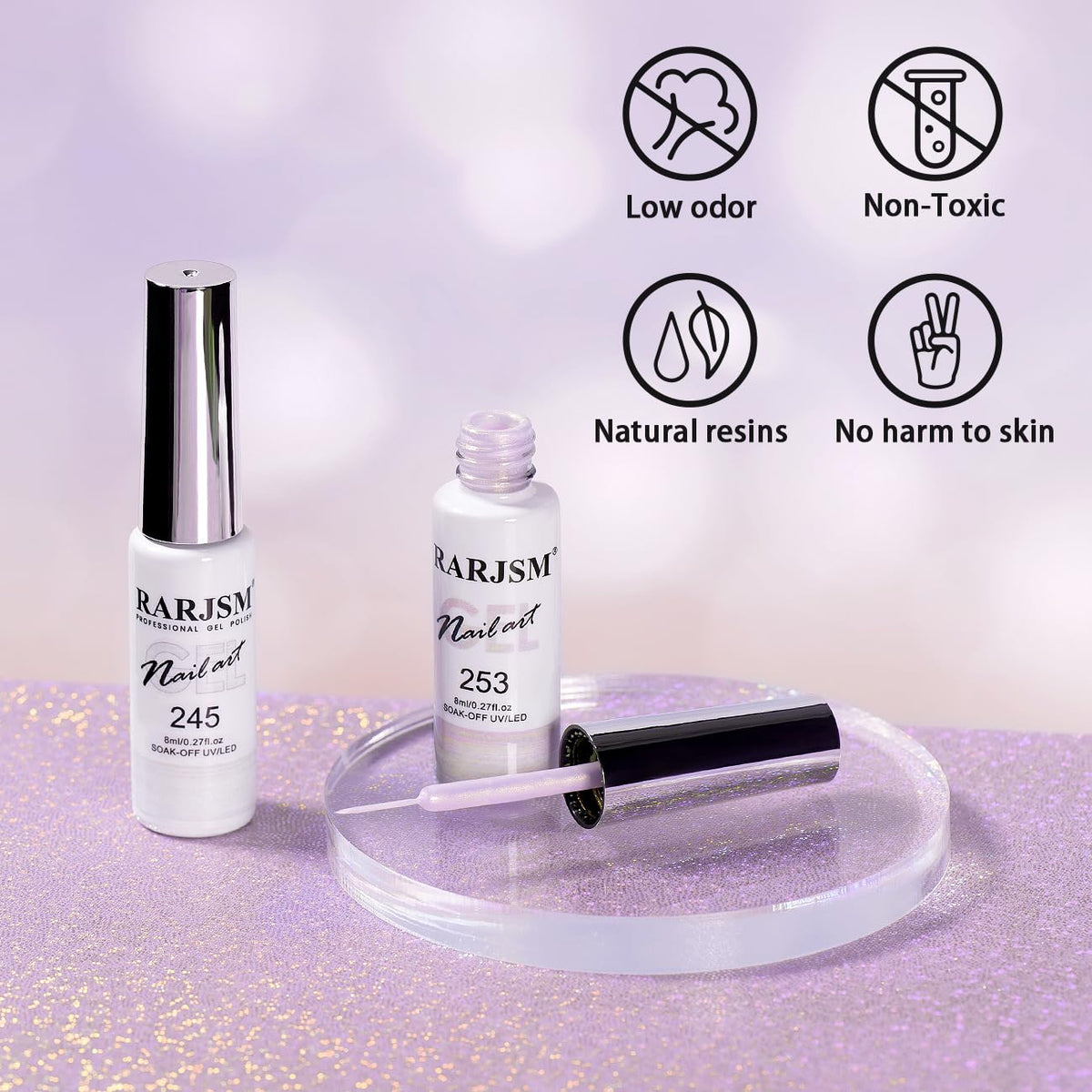 RARJSM Pearl Gel Liner Nail Art 2 Pcs Set Pearlescent Milky White Light Purple Golden Shell Glitter Swirl Effect Gel Nail Polish 8ml Build in Thin Brush Painted Striper GelPolish Curing Requires