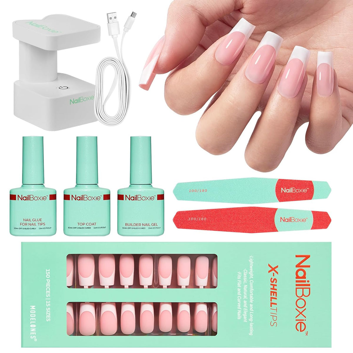 Gel Nail Kit, Top Coat, Nail Builder Gel and Nail Glue for Nail Tips, Press On Nails Kit with LED Light, 150 PCS Long Pink Square, 15 Sizes French Tip Press on Nails