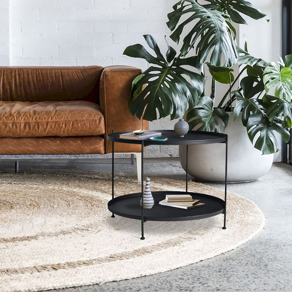 Lisuden Modern Metal End Table, Round Side Table Indoor/Outdoor, Living Room Small Coffee Table (Black, 2-Tier 23.6")
