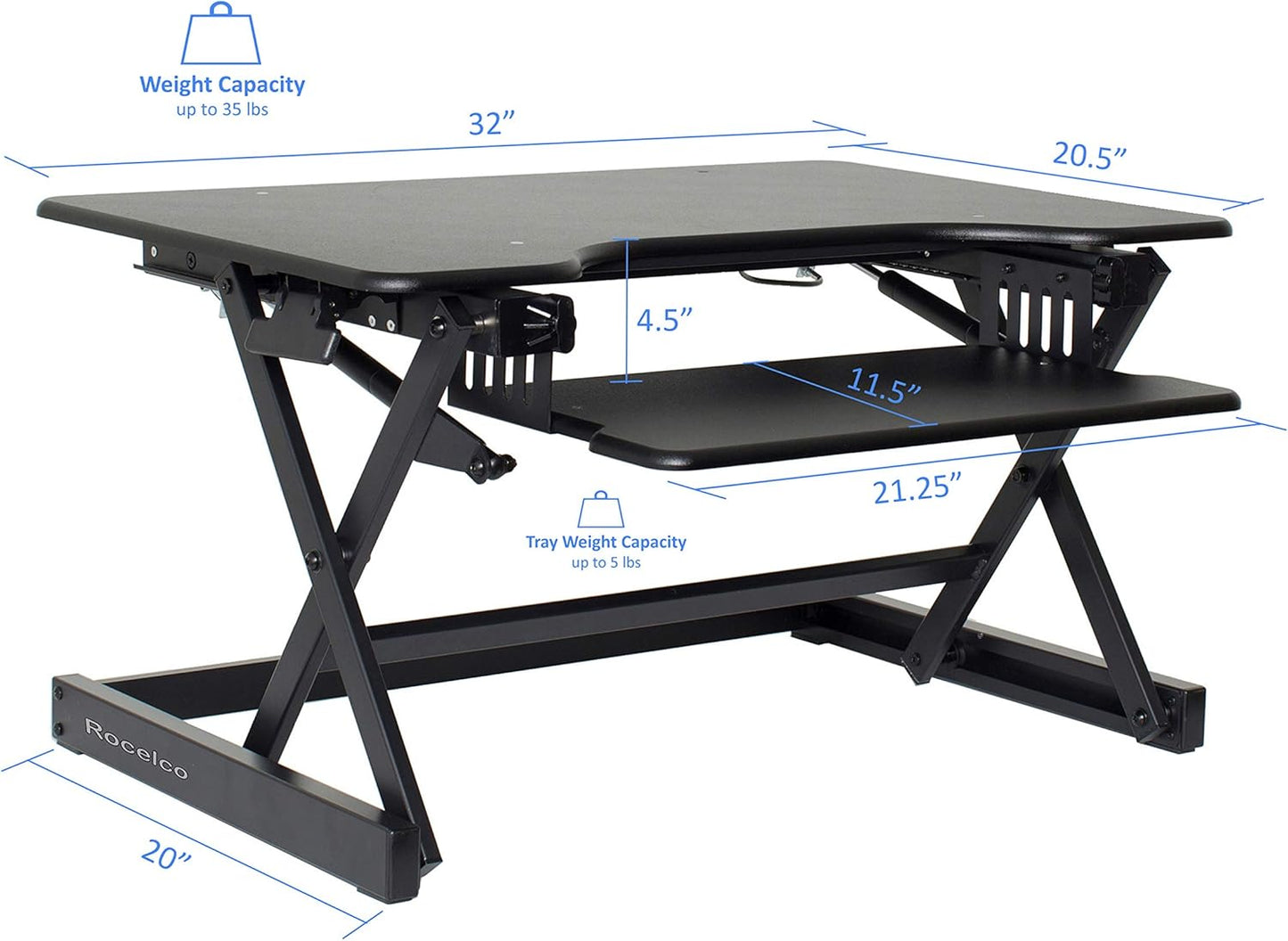 Rocelco 32" Height Adjustable Standing Desk Converter - Sit Stand Computer Workstation Riser - Dual Monitor Retractable Keyboard Tray Gas Spring Assist - Black (R EADRB2)