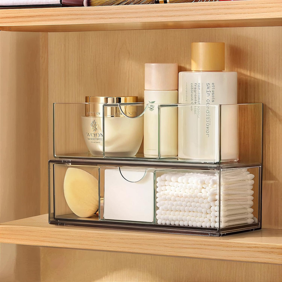Medicine Cabinet Organizer 2 Pack, Stackable Storage Drawers with Removable Divider, Make Up Organizer for Bathroom Mirror Cabinets, Vanity, Closet, Countertop - Clear