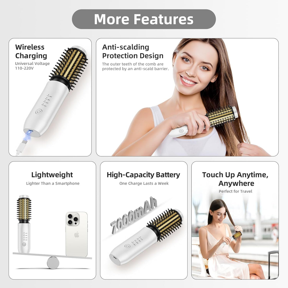 Cordless Curling Iron Brush, 1.5 Inch Mini Travel Hair Curler with 200 Million Negative Ions, Portable Heated Round Straightener Brush Rechargeable for Curl, Touch-Up, De-Frizz, Styling, White